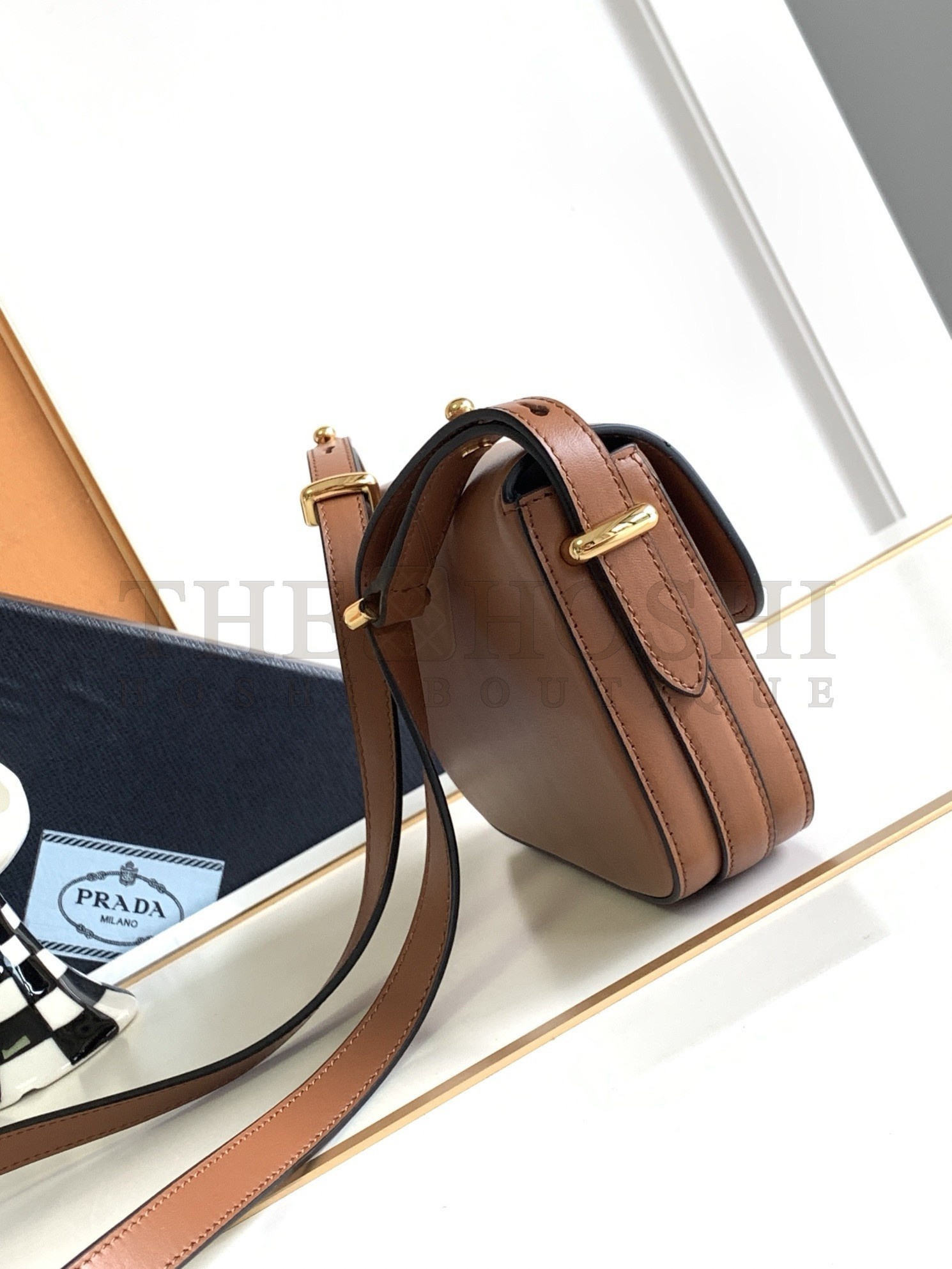 Pra*a Shoulder Bag in Cognac Smooth Calfskin Master Quality