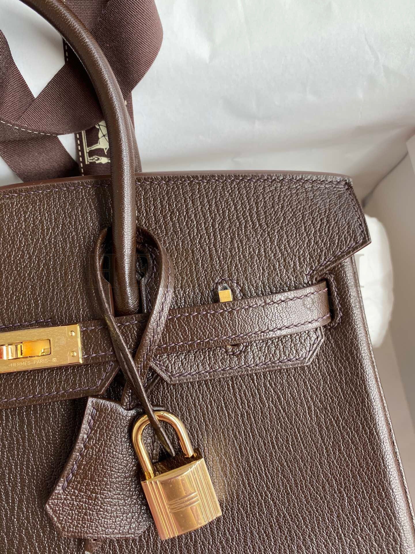 H**me5 Birkin 25 Retourne Handmade Bag In Chocolat Chevre Mysore Leather Master Quality