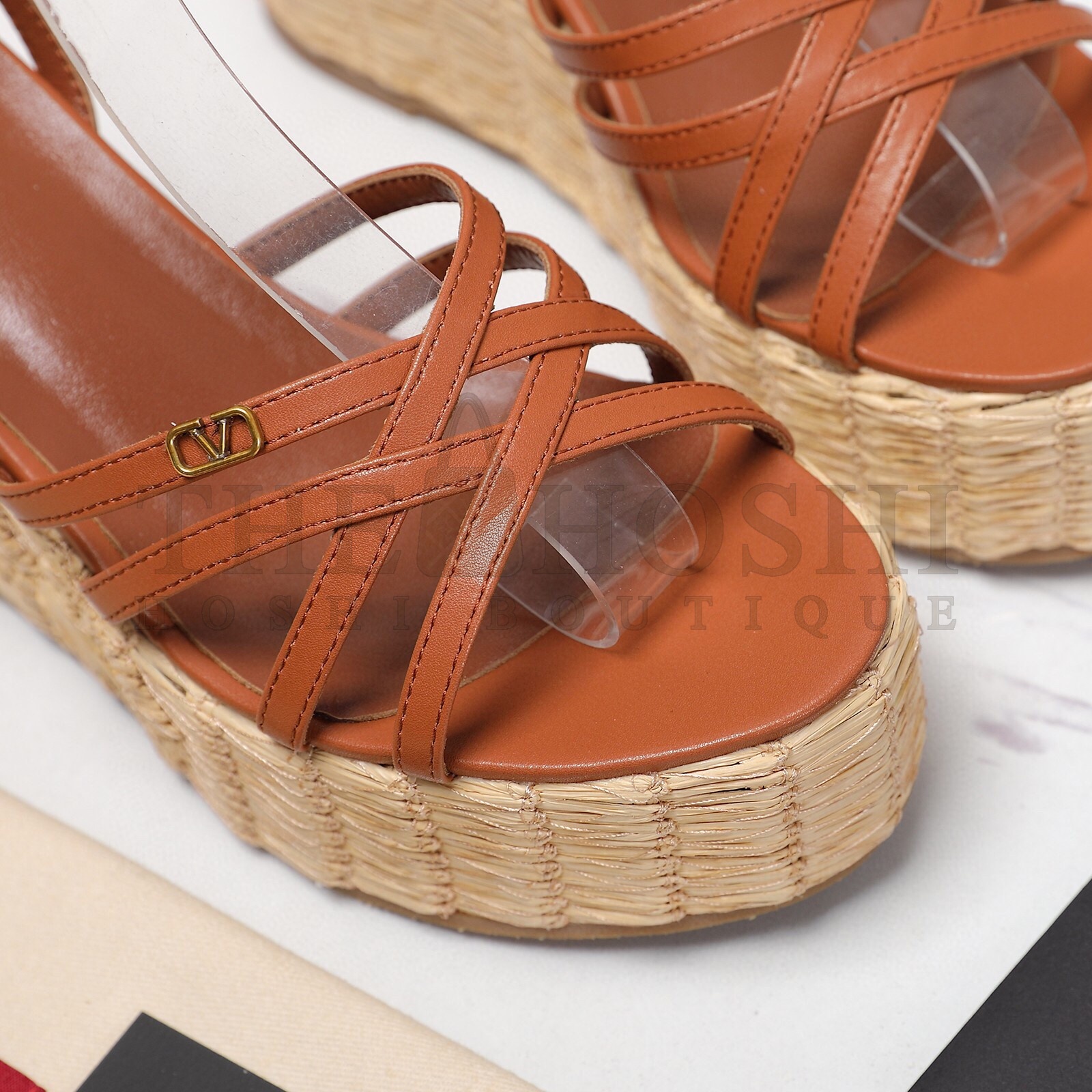 Va1e*ntin0 Raflower Wedge Sandals in Brown Calfskin Master Quality