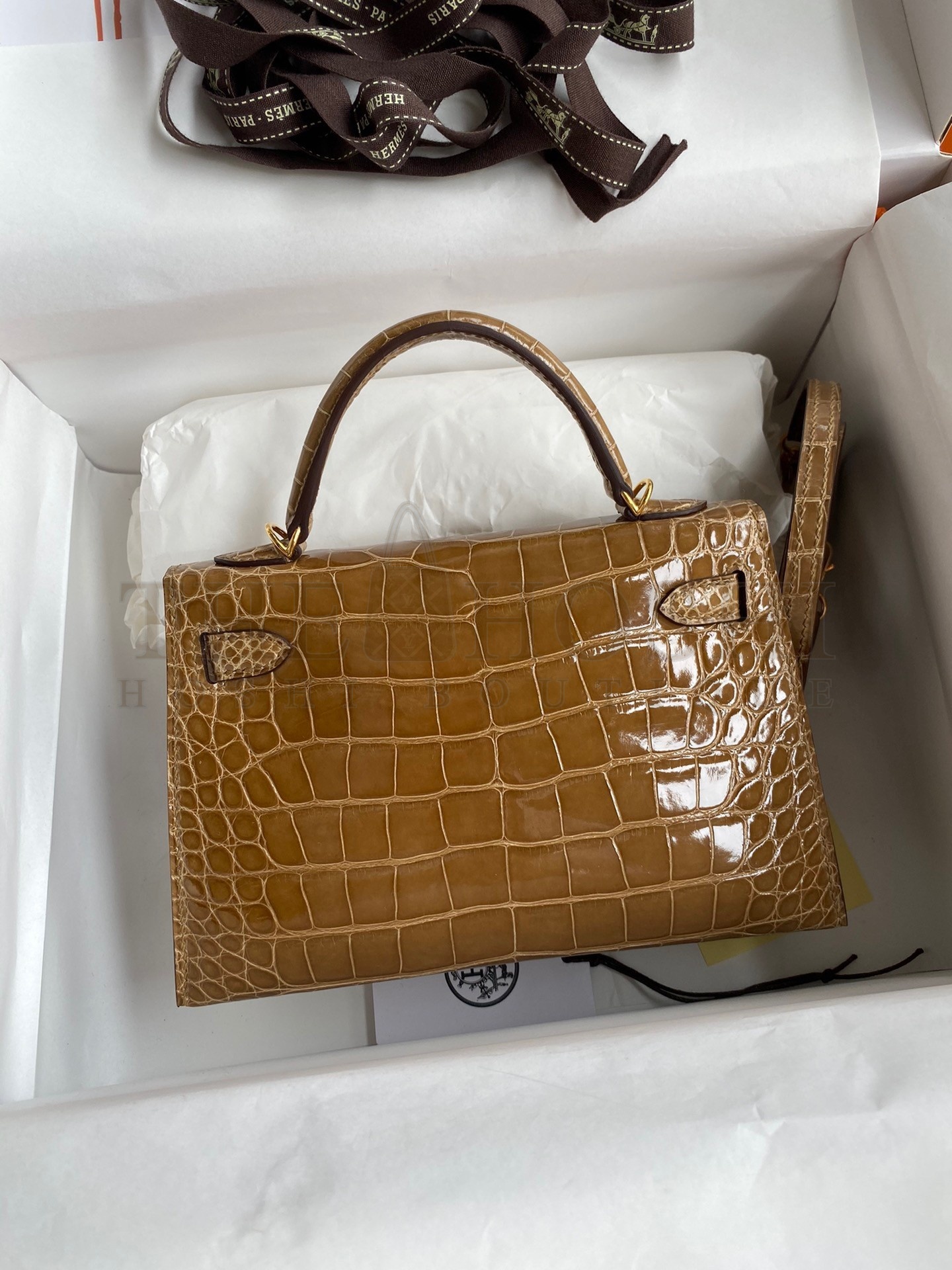 H**me5 Kelly Mini II Sellier Handmade Bag In Ficelle Shiny Alligator Leather Master Quality