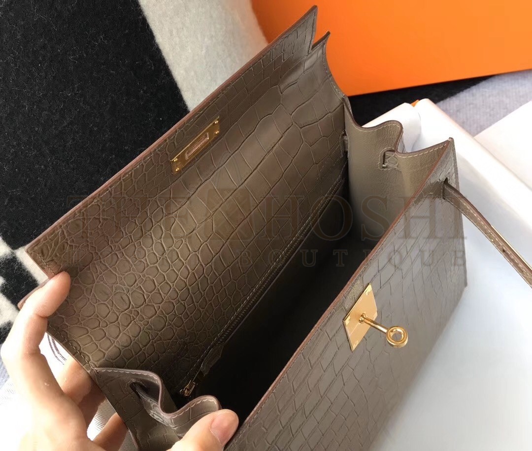 H**me5 Kelly 28cm Bag In Taupe Embossed Crocodile GHW Master Quality