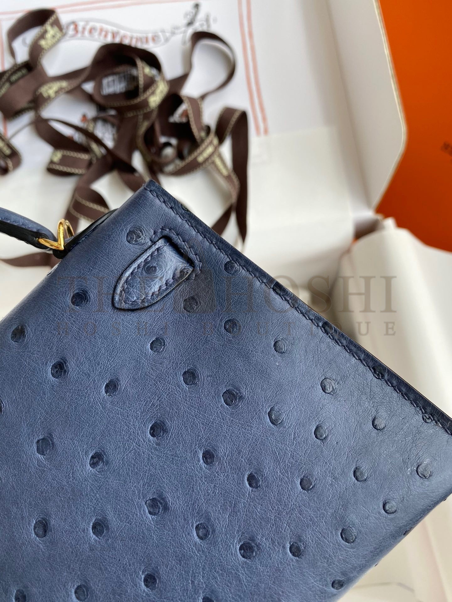 H**me5 Kelly Mini II Sellier Handmade Bag In Blue Iris Ostrich Leather Master Quality