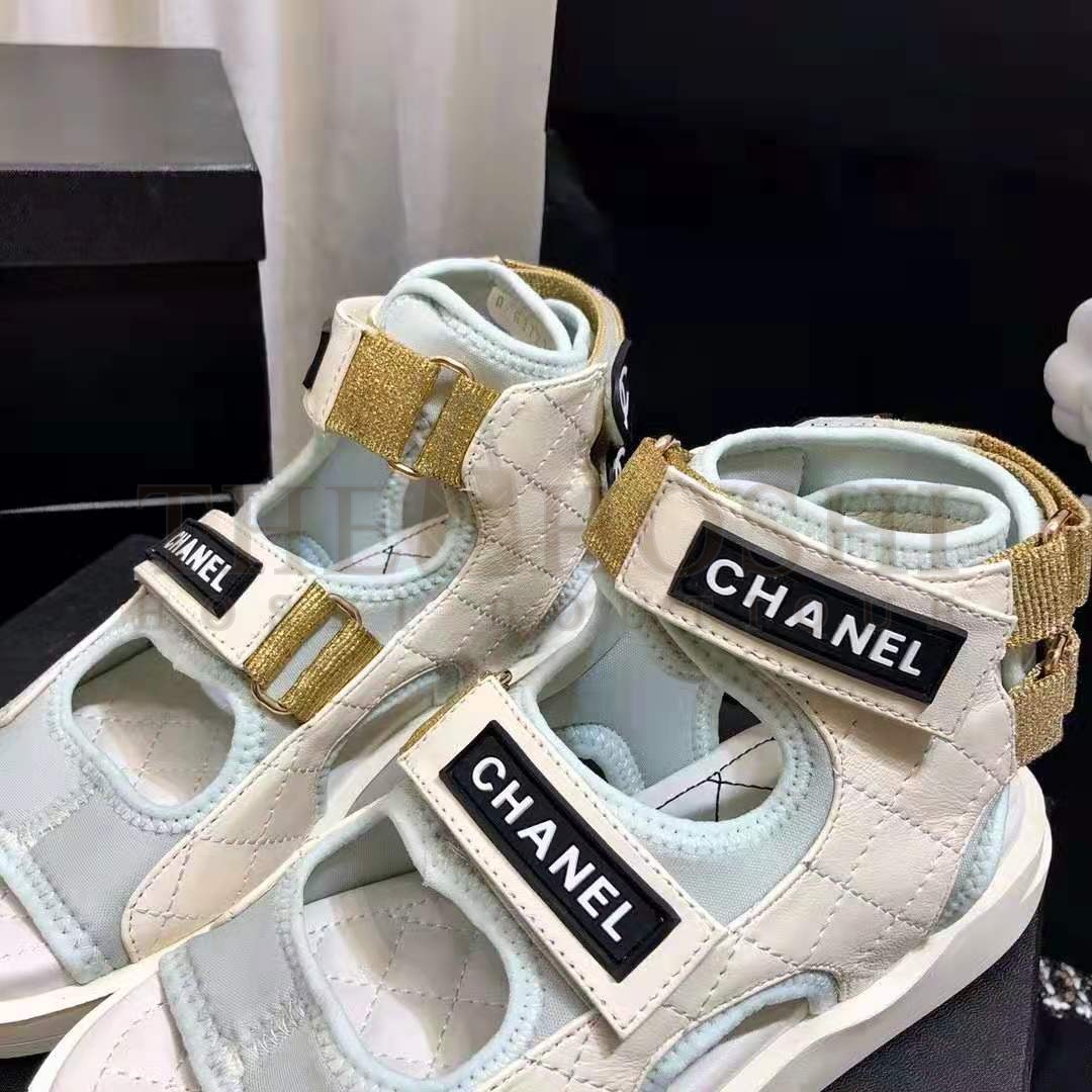 Ch**el Women Sandals Goatskin Fabric &amp; TPU White Light Grey &amp; Navy Blue Master Quality
