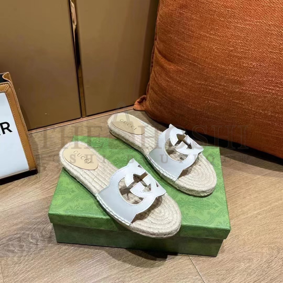 Gvc*1 Unisex Interlocking G Cut-Out Slide Sandals White Leather Flat 2 cm Heel Master Quality
