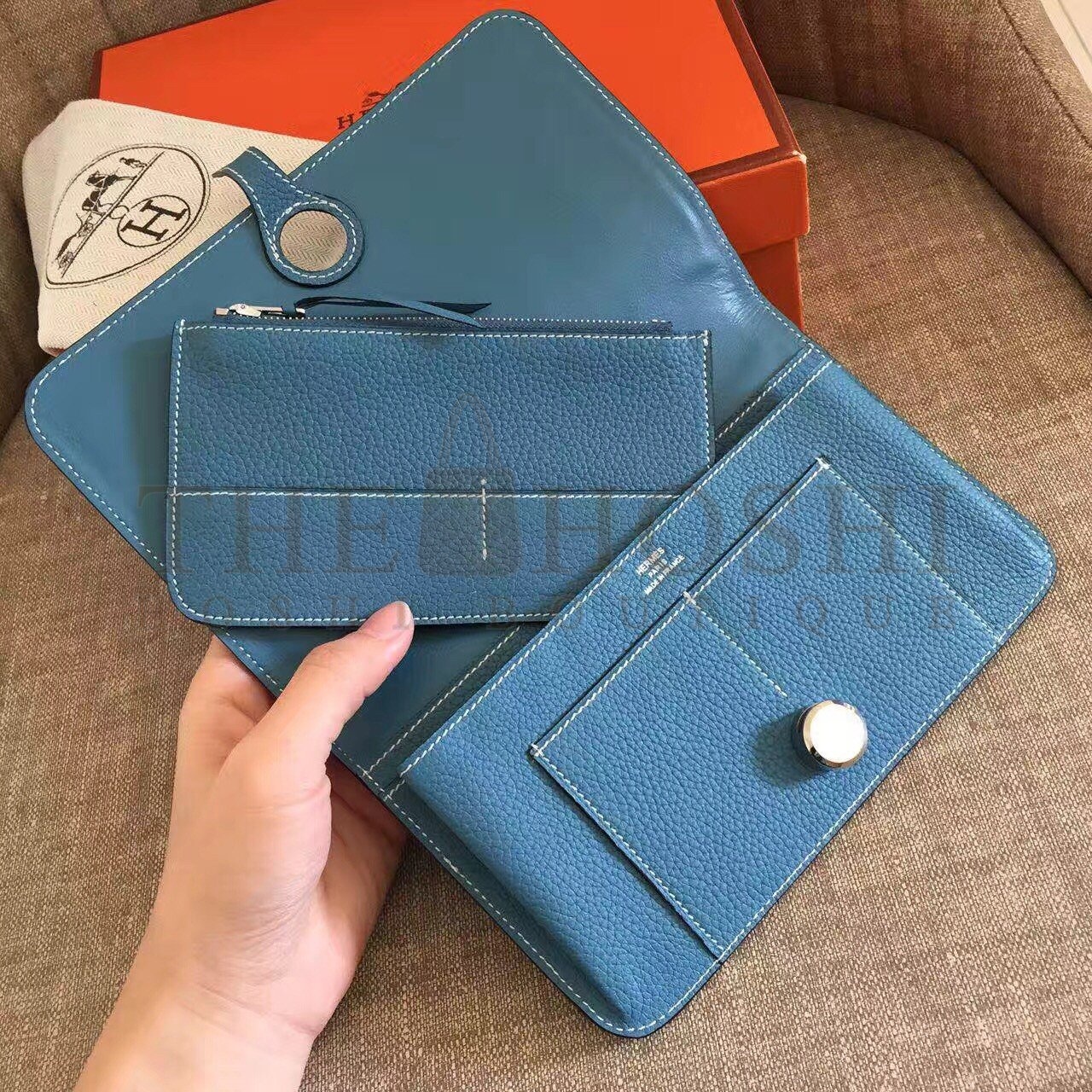H**me5 Dogon Duo Wallet in Blue Jean Clemence Leather Master Quality
