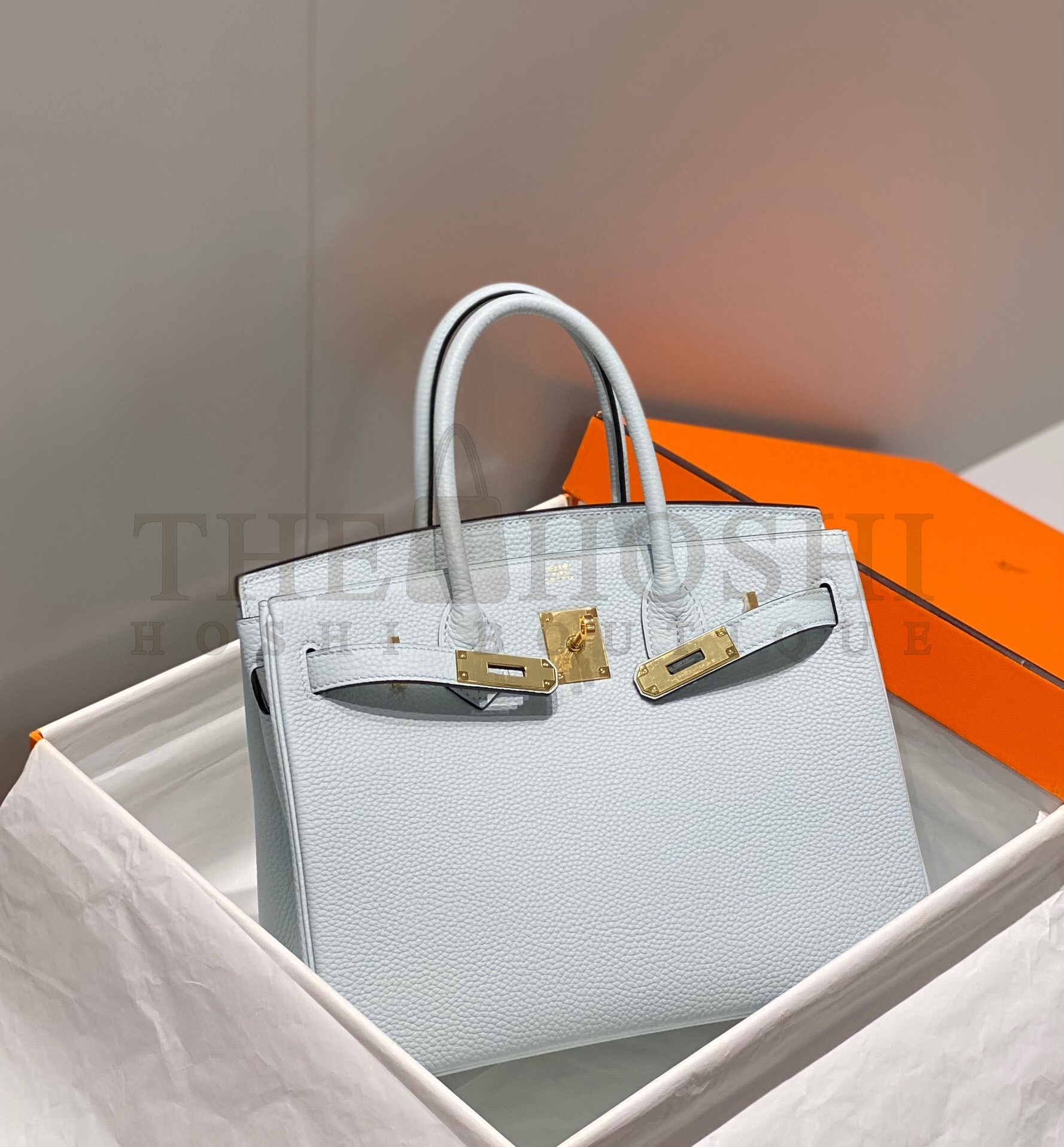 H**me5 Birkin 30cm Bag In Blue Brume Clemence Leather GHW Master Quality