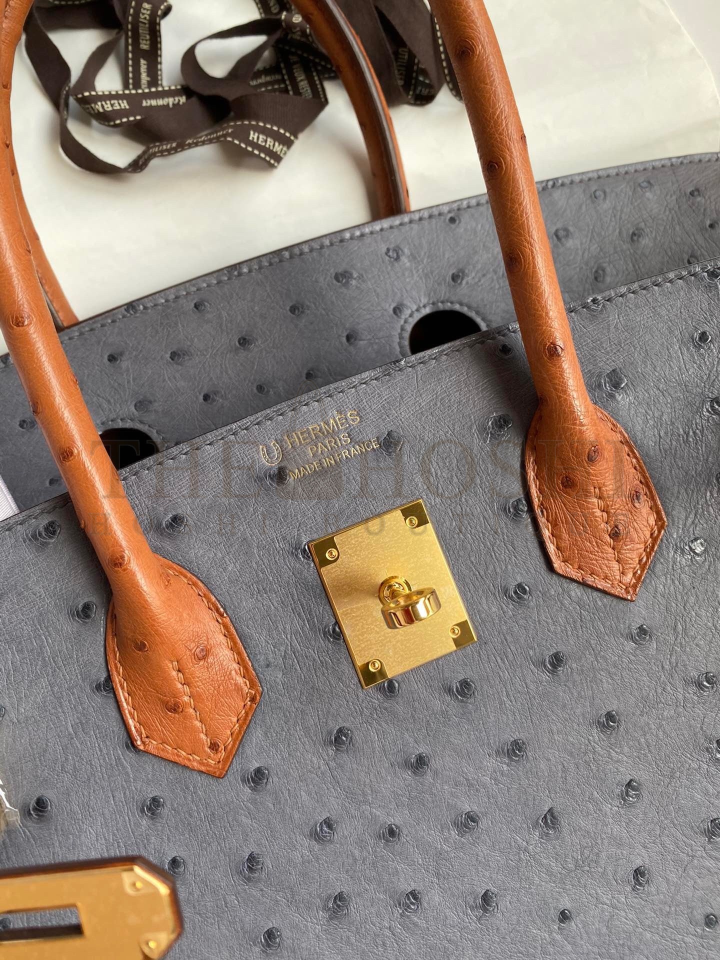 H**me5 HSS Birkin 35 Bicolor Bag in Gris Agate and Gold Ostrich Leather Master Quality