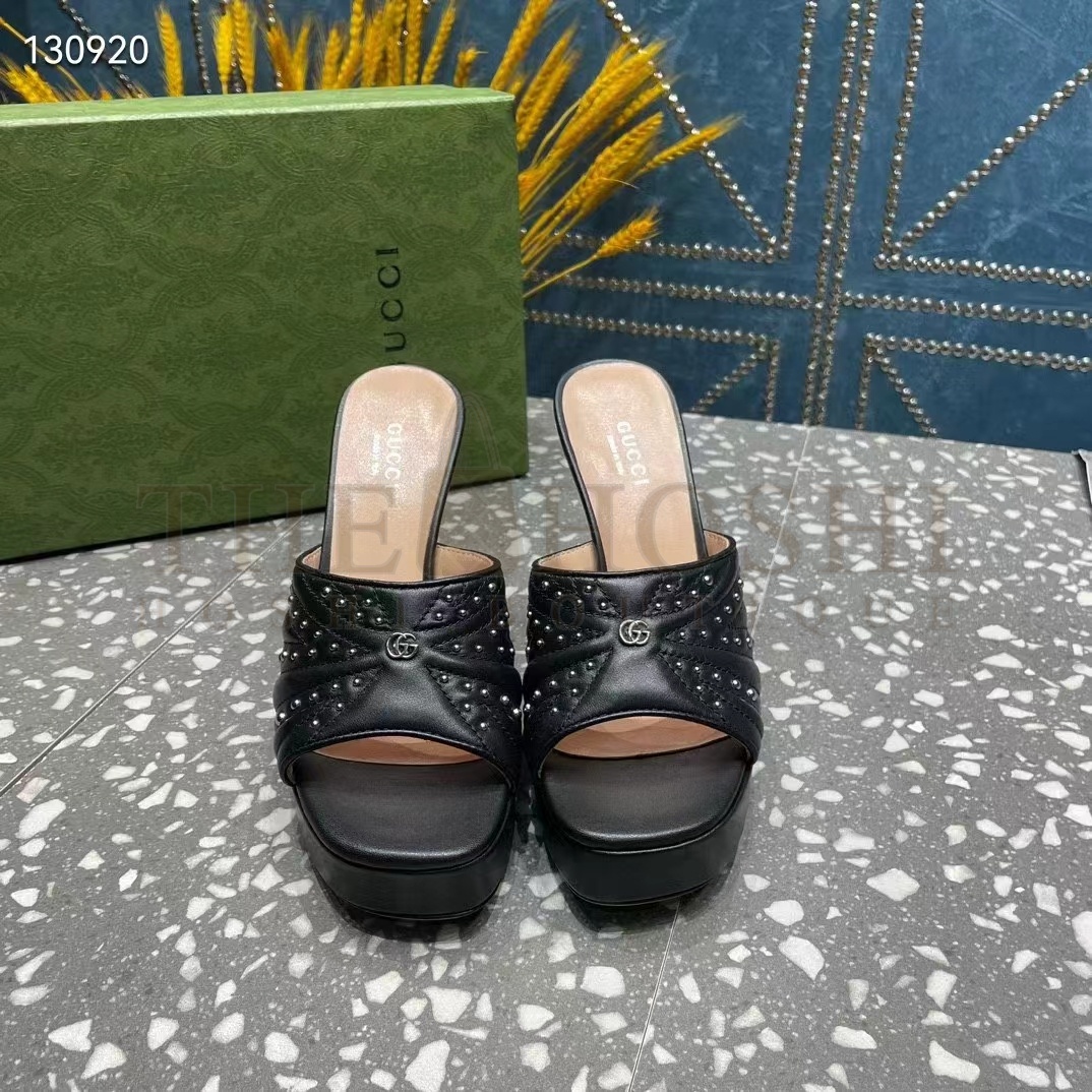 Gvc*1 Women G2 Heeled Slide Sandals Black Leather Studs Spool High 15 Cm Heel Master Quality