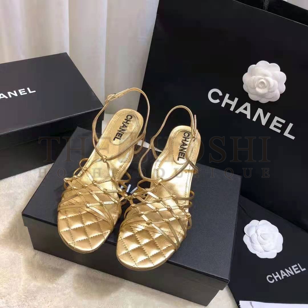Ch**el Women Sandals Laminated Lambskin Gold 5 cm Heel Master Quality