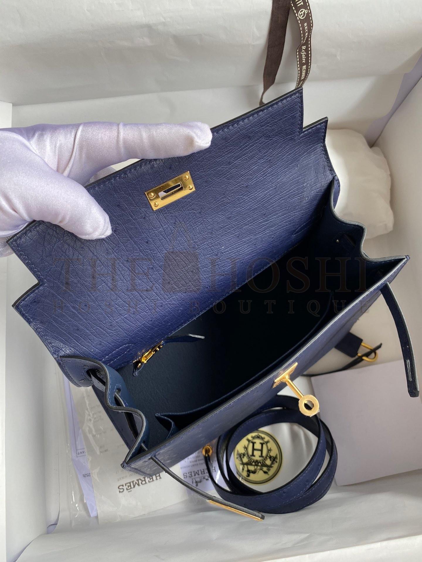 H**me5 Kelly Sellier 25 Handmade Bag In Blue Iris Ostrich Leather Master Quality