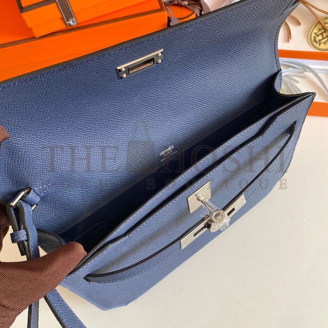 H**me5 Kelly Depeches 25 Pouch in Blue Saphir Epsom Calfskin Master Quality