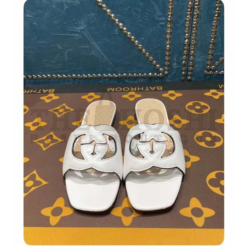 Gvc*1 Unisex Interlocking G Cut-Out Slide Sandals White Leather Flat 1 cm Heel Master Quality