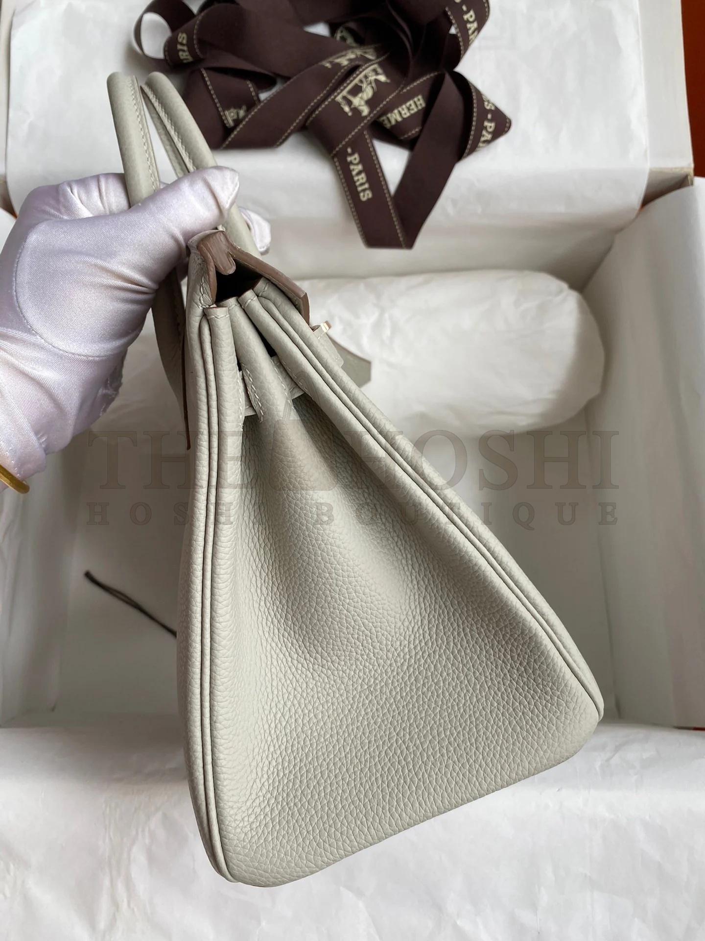 H**me5 Birkin 25 Retourne Handmade Bag In Pearl Grey Clemence Leather Master Quality