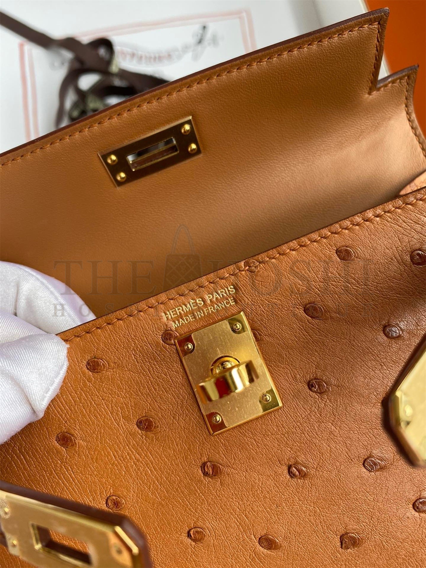H**me5 Kelly Mini II Sellier Handmade Bag In Gold Ostrich Leather Master Quality