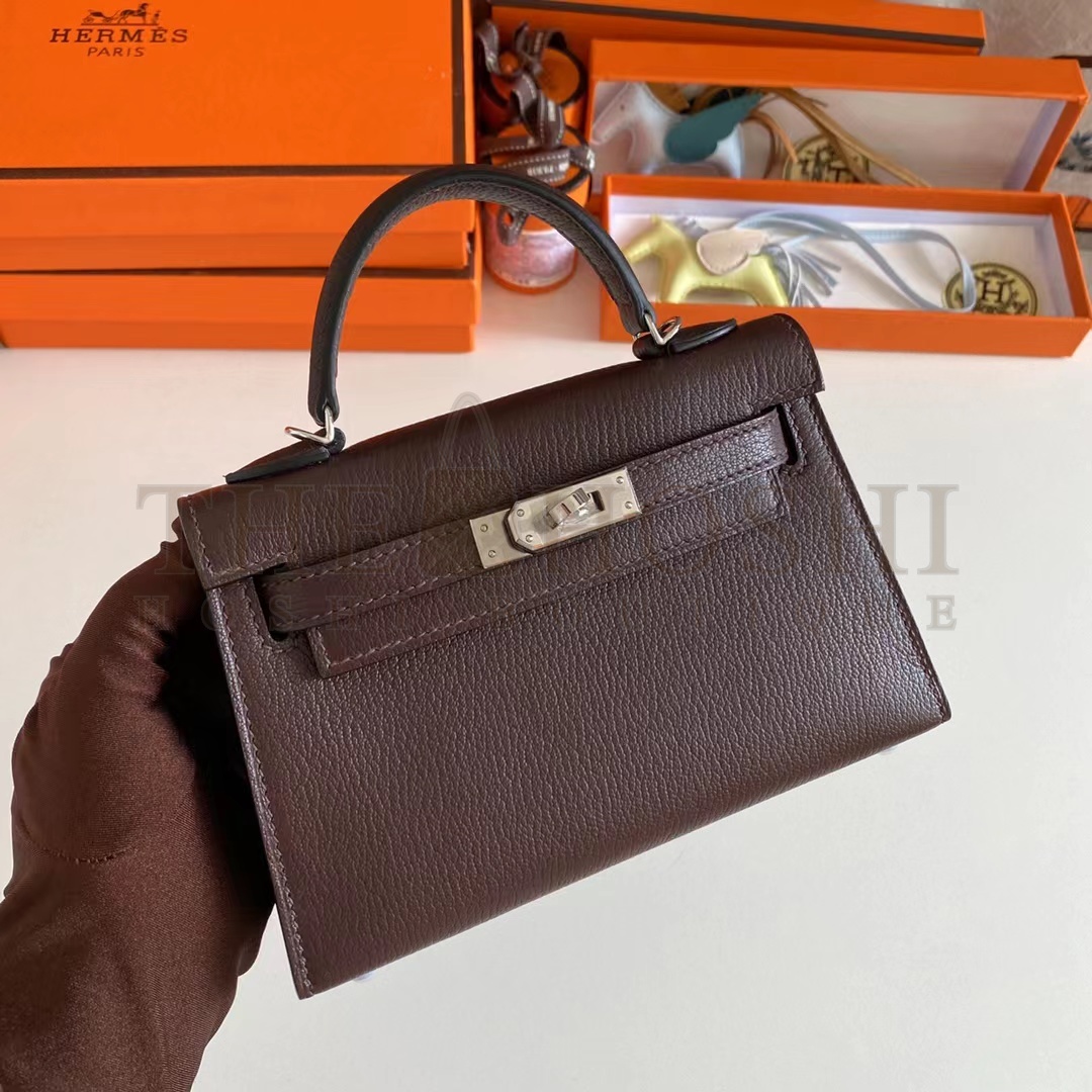 H**me5 Women Mini Kelly 20 Bag Suede Leather Silver Hardware-Chocolate Master Quality