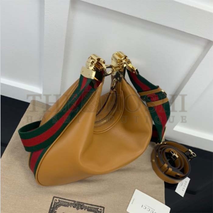Gvc*1 Women Attache Large Shoulder Bag Dark Orange Leather Green Red Web Master Quality