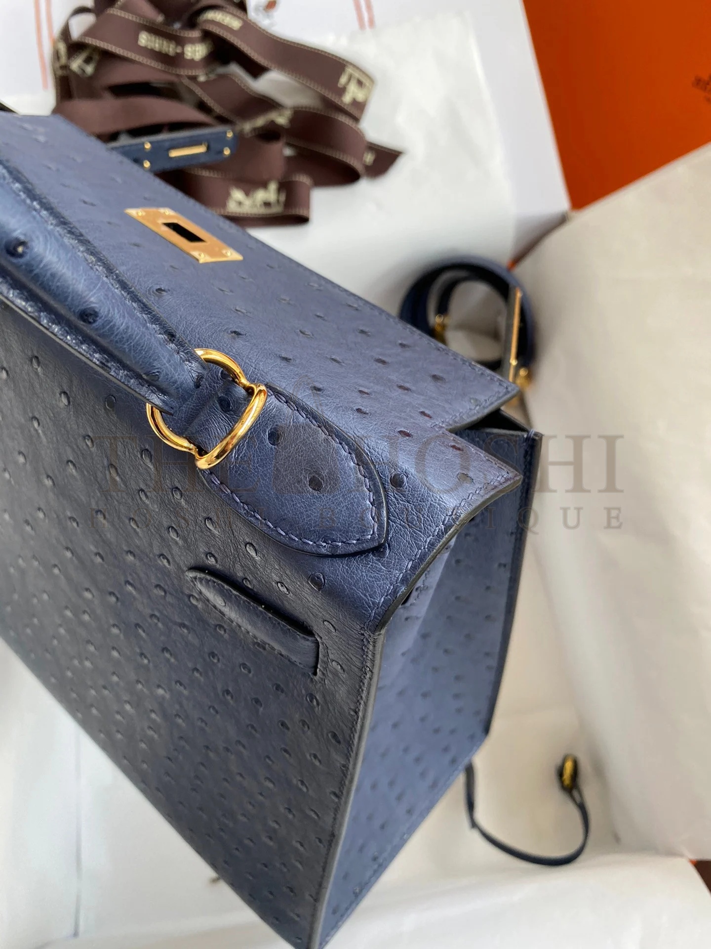 H**me5 Kelly Sellier 28 Handmade Bag In Blue Iris Ostrich Leather Master Quality
