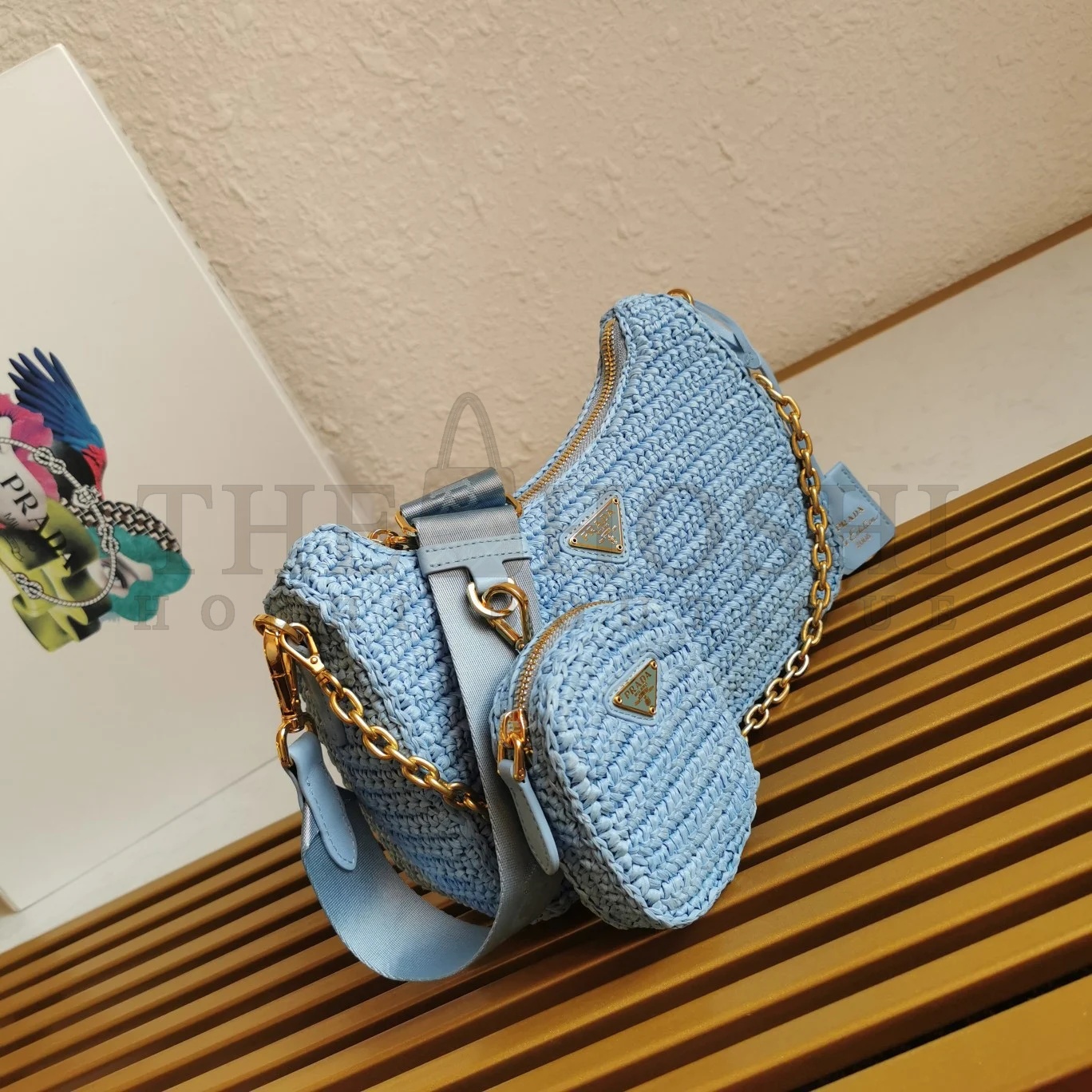 Pra*a Re-Edition 2005 Shoulder Bag In Blue Raffia Master Quality