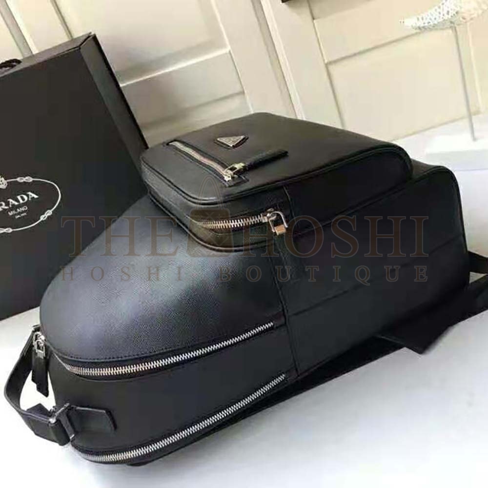 Pra*a Unisex Saffiano Leather Backpack Metal Hardware-Black Master Quality