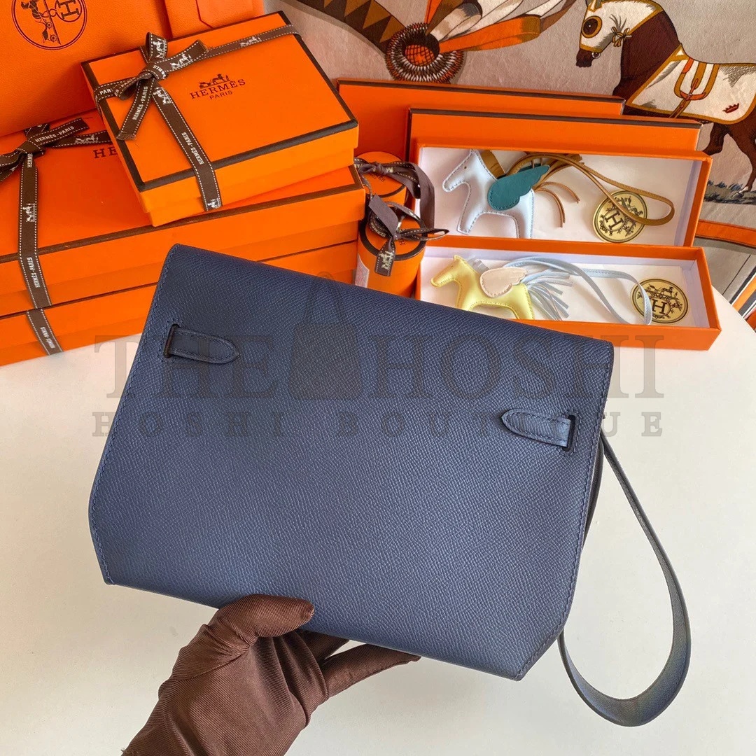H**me5 Kelly Depeches 25 Pouch in Blue Saphir Epsom Calfskin Master Quality