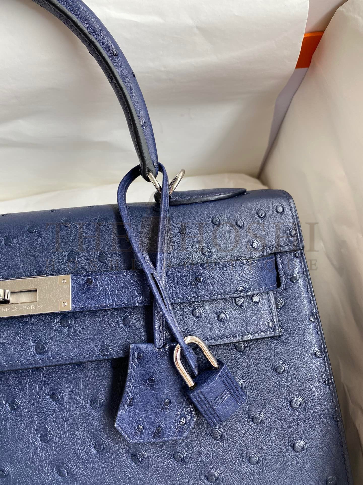 H**me5 Kelly Sellier 32 Handmade Bag In Blue Iris Ostrich Leather Master Quality