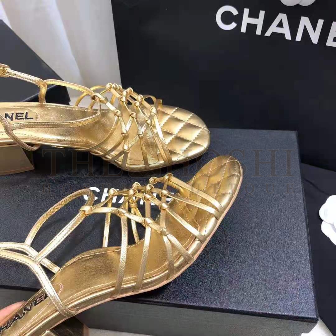 Ch**el Women Sandals Laminated Lambskin Gold 5 cm Heel Master Quality