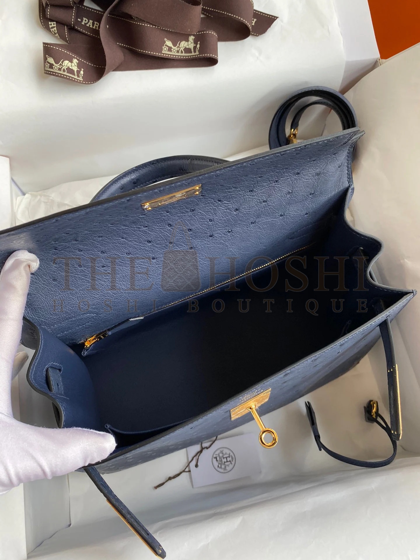 H**me5 Kelly Sellier 28 Handmade Bag In Blue Iris Ostrich Leather Master Quality