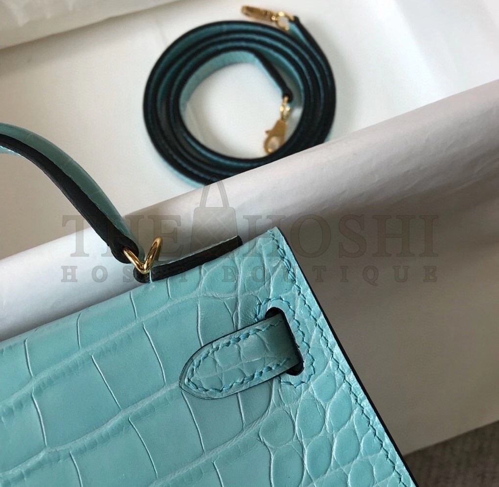 H**me5 Kelly Mini II Bag In Blue Atoll Crocodile Embossed Leather Master Quality