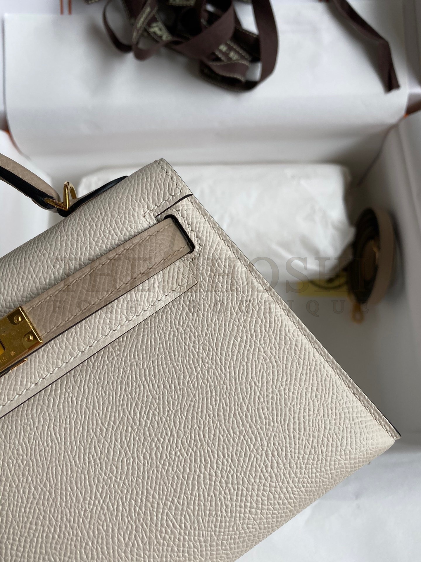 H**me5 Kelly Mini II Sellier Bicolor Handmade Bag in Craie and Trench Epsom Calfskin Master Quality