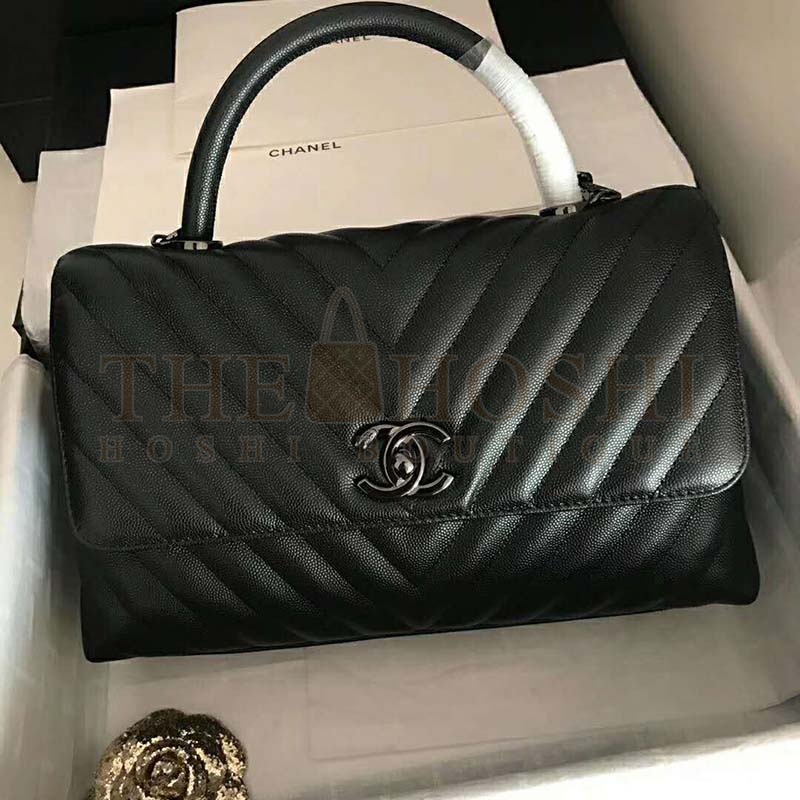 Ch**el Women Flap Bag with Top Handle Grained Calfskin-Black Master Quality