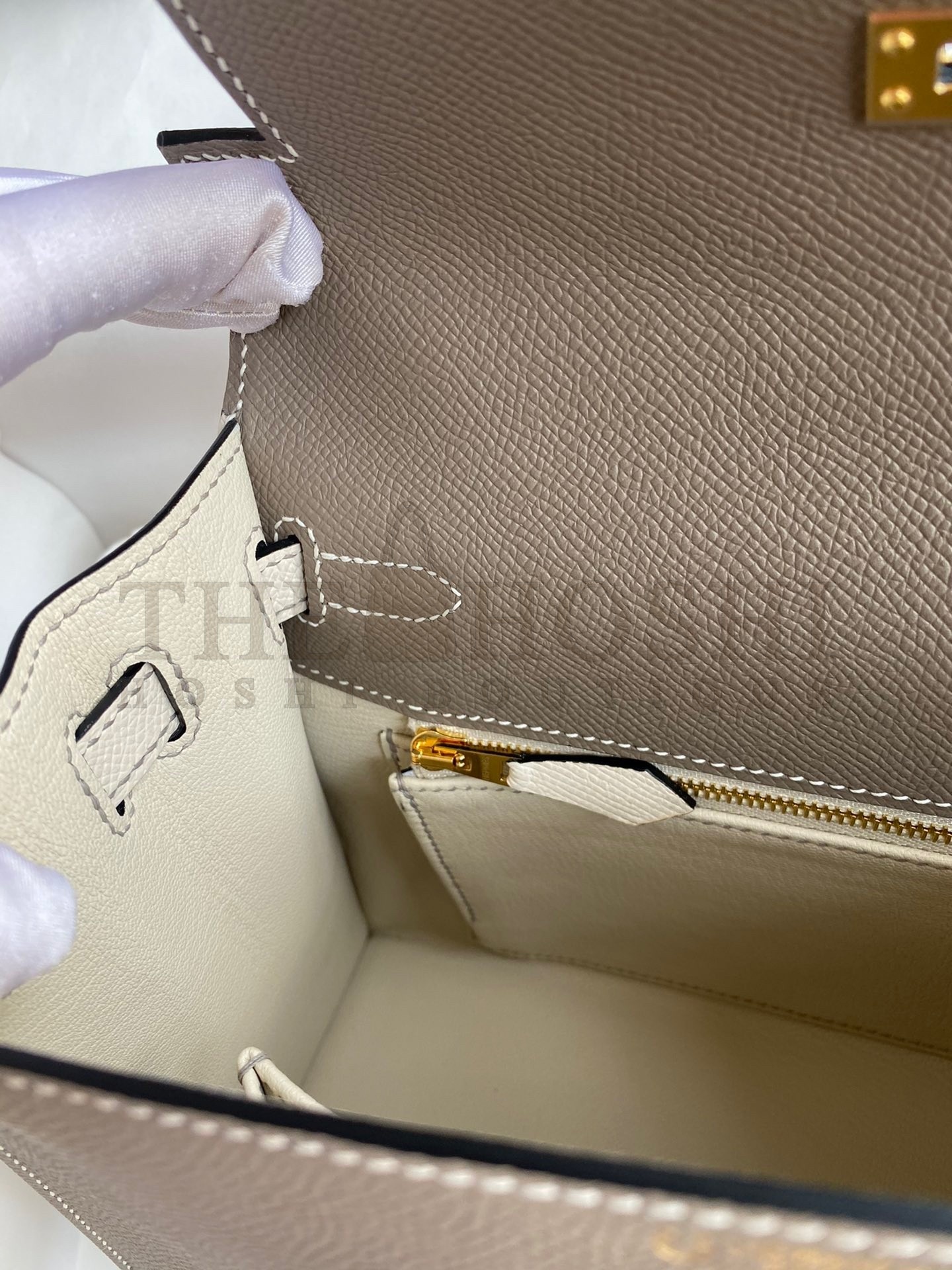 H**me5 Kelly Sellier 25 Bicolor Bag in Taupe and Craie Epsom Calfskin Master Quality