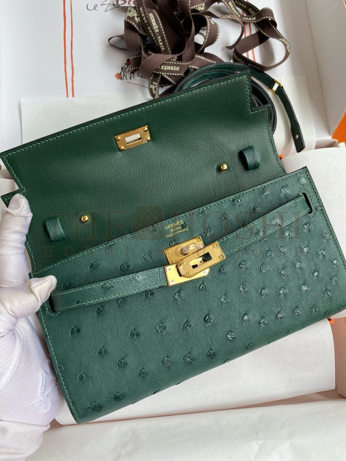H**me5 Kelly Classique To Go Wallet in Malachite Ostrich Leather Master Quality