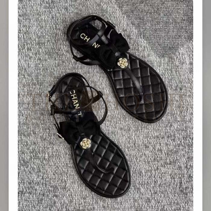 Ch**el Women CC Sandals Grosgrain Black 1 CM Heel Master Quality