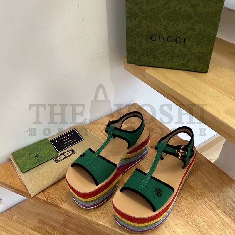 Gvc*1 Women G2 Platform Sandals Green Cotton Double G Embroidery 4 Cm Heel Master Quality