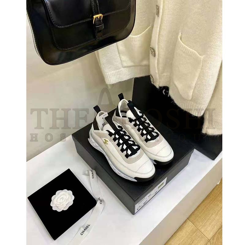 Ch**el Women Sneakers Suede Calfskin Nylon &amp; Grosgrain White Gray &amp; Yellow Master Quality