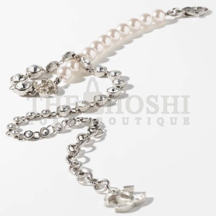 Ch**el Women CC Necklace Metal Glass Pearls Strass Silver Pearly White Crystal Master Quality
