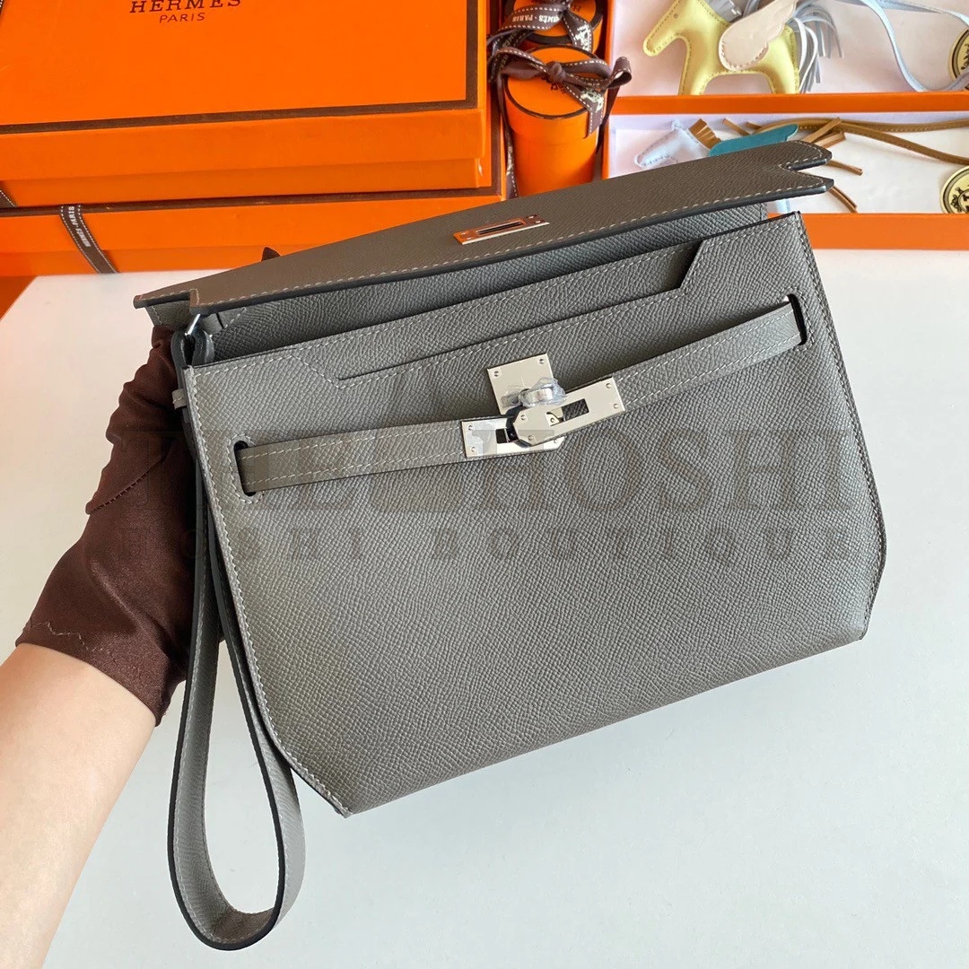 H**me5 Kelly Depeches 25 Pouch in Etain Epsom Calfskin Master Quality