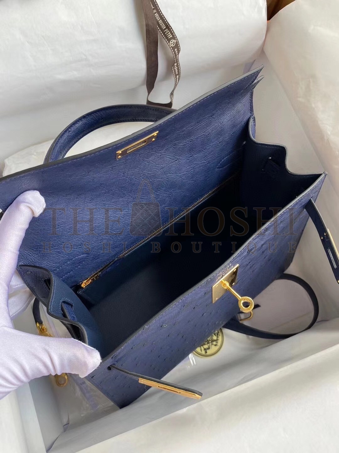 H**me5 Blue Iris Ostrich Kelly 28cm Handmade Bag Master Quality