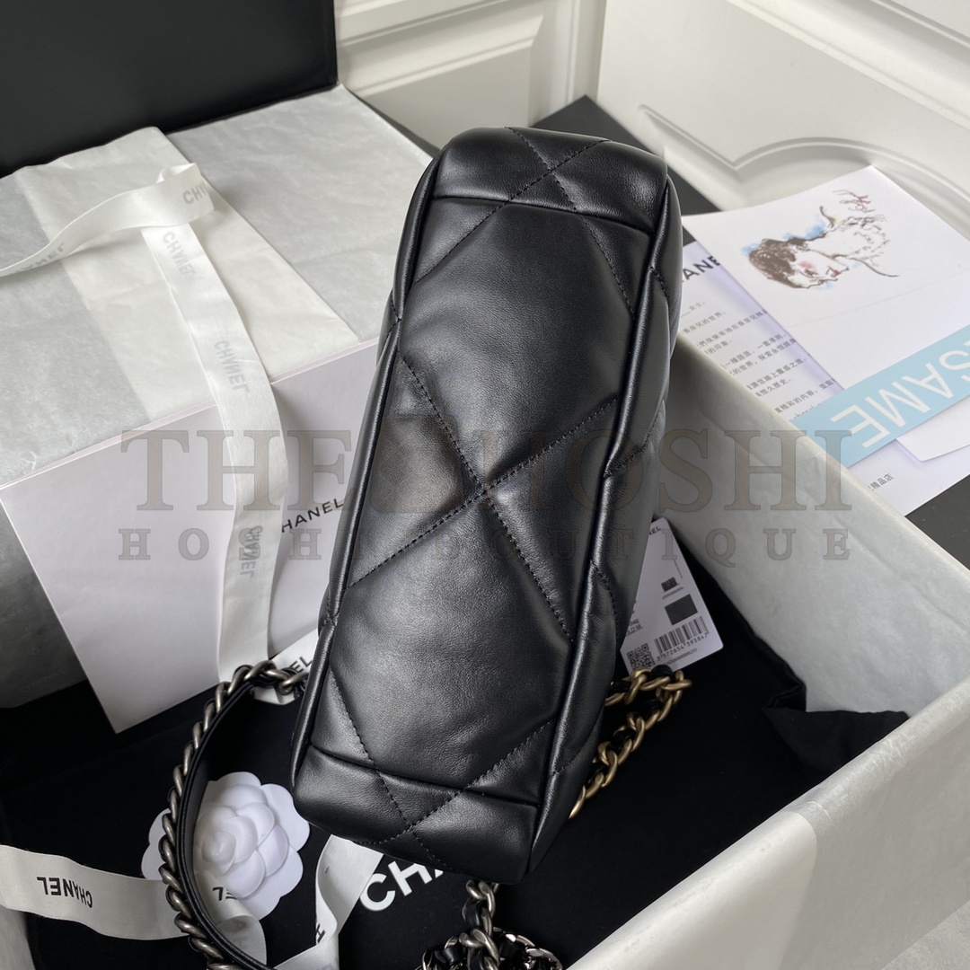 Ch**el Women 19 Flap Bag Lambskin Gold Silver-Tone Ruthenium-Finish Metal Black Master Quality