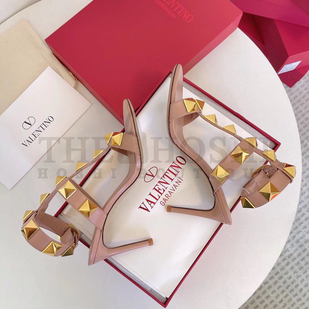 Va1e*ntin0 Roman Stud Sandals 100mm In Rose Cannelle Calfskin Master Quality