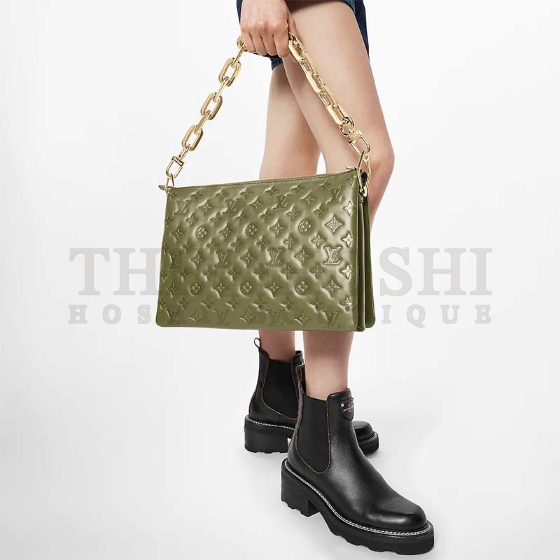 L0vis Vvtt0n LV Women Coussin MM Handbag Khaki Monogram Embossed Puffy Lambskin Master Quality