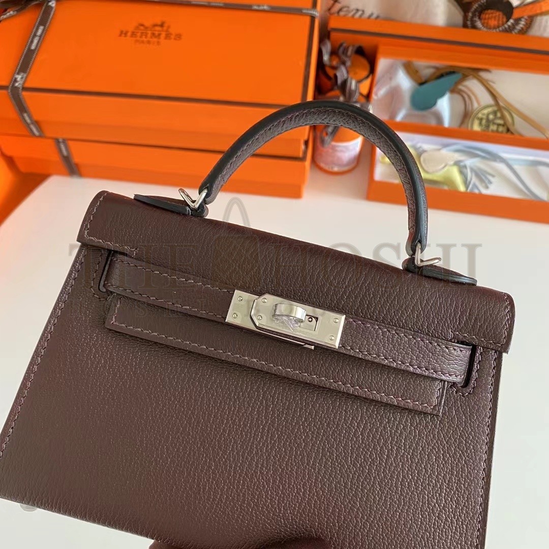 H**me5 Women Mini Kelly 20 Bag Suede Leather Silver Hardware-Chocolate Master Quality