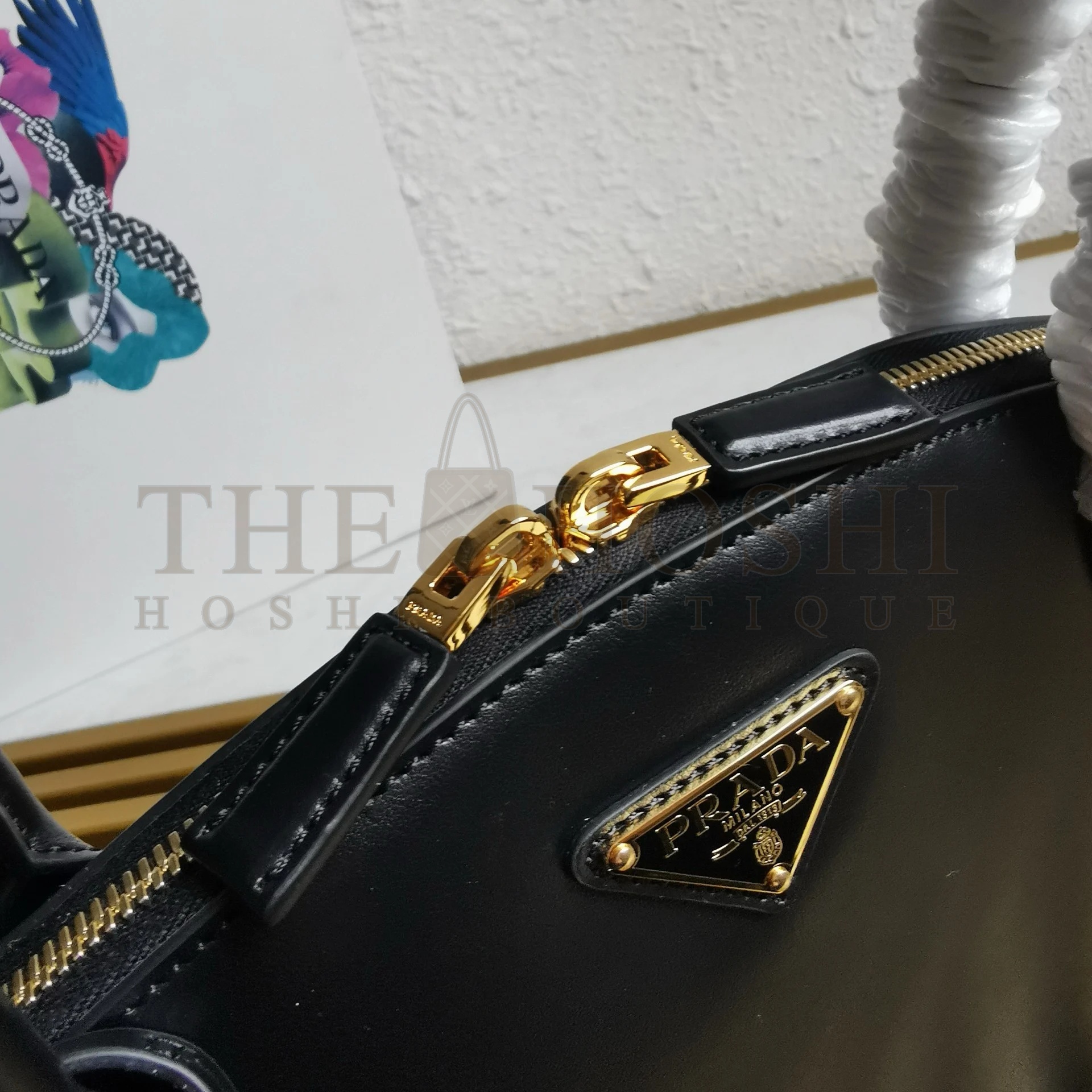 Pra*a Shoulder Bag with Double Zipper in Black Calfskin Master Quality