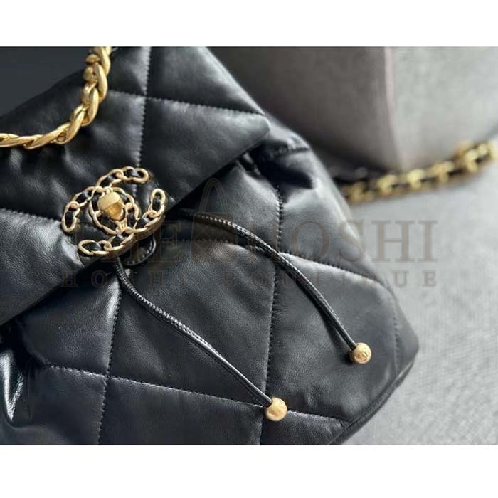 Ch**el Women CC 19 Backpack Shiny Lambskin Gold Silver-Tone Black Master Quality