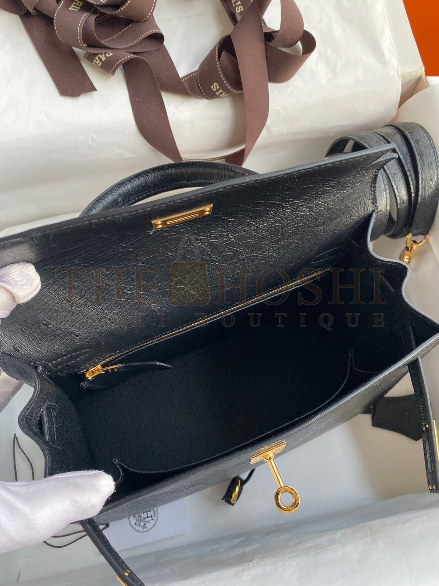H**me5 Kelly Sellier 25 Handmade Bag In Black Ostrich Leather Master Quality