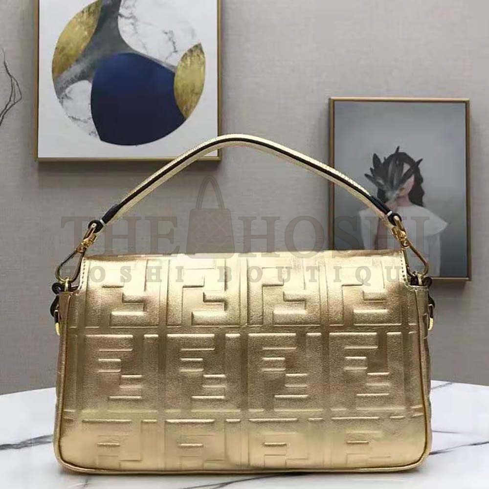 F**di Women Baguette F**di Prints On Leather Bag-Gold Master Quality