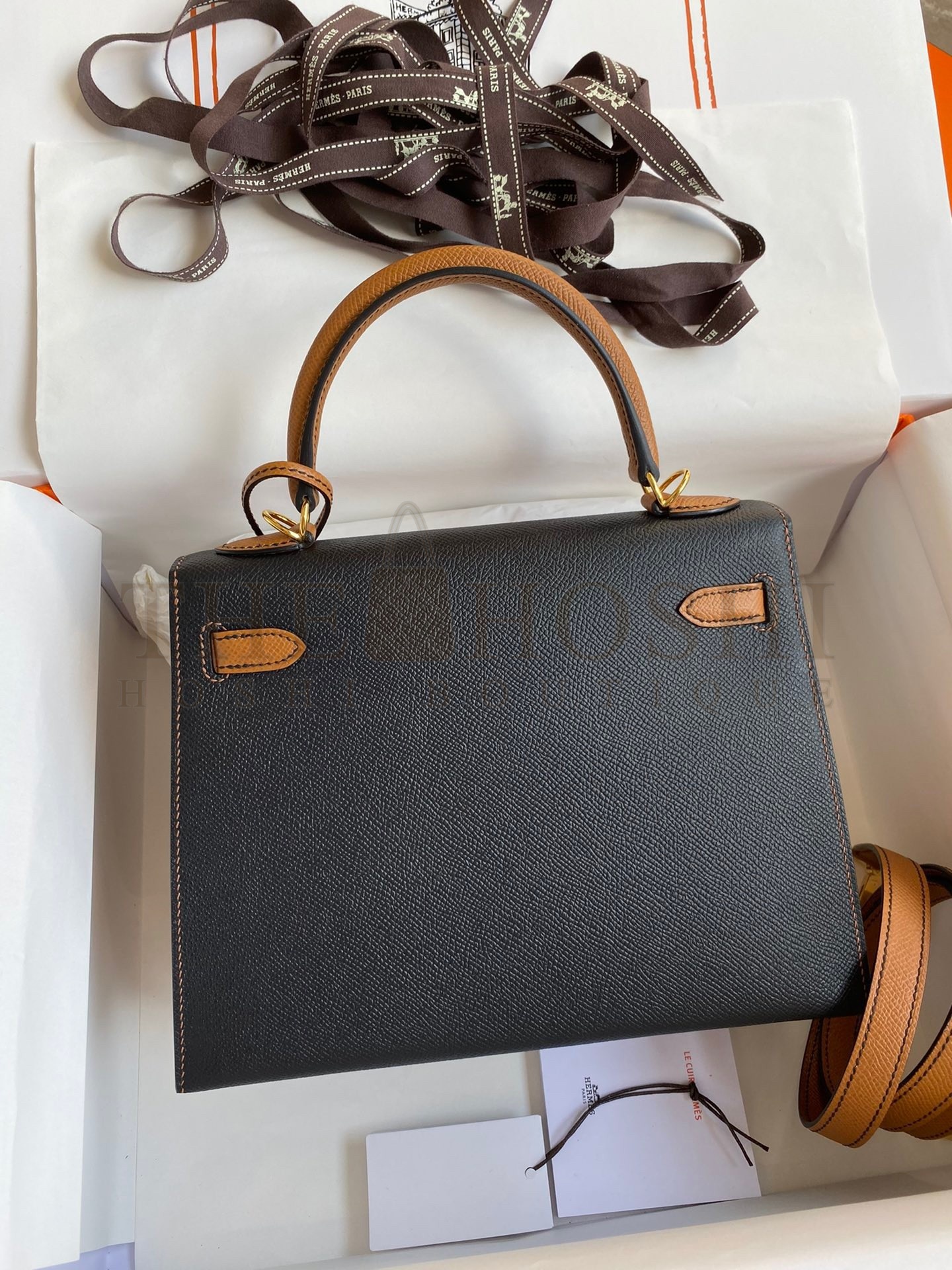 H**me5 Kelly Sellier 25 Bicolor Bag in Black and Gold Epsom Calfskin Master Quality