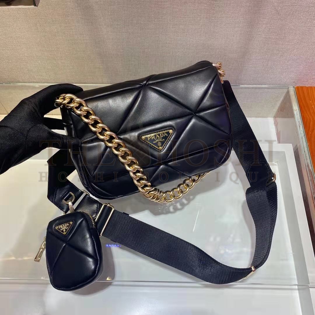 Pra*a Women Padded Leather Shoulder Bag Triangle-Stitched Padding-Black Master Quality