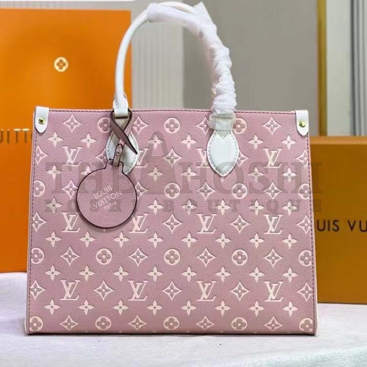 L0vis Vvtt0n LV Women OnTheGo MM Tote Bag Pink Printed Embossed Grained Cowhide Master Quality