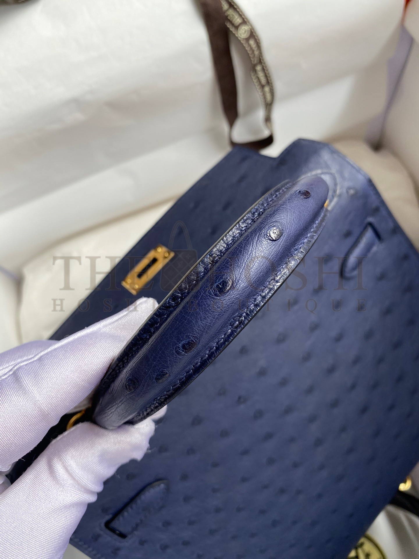 H**me5 Kelly Sellier 25 Handmade Bag In Blue Iris Ostrich Leather Master Quality